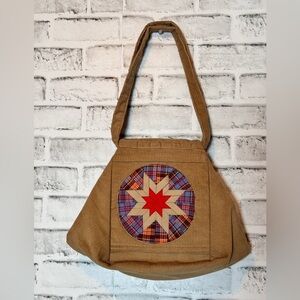 Tan Star Patchwork Tote‎ Bag corduroy, quilted handmade